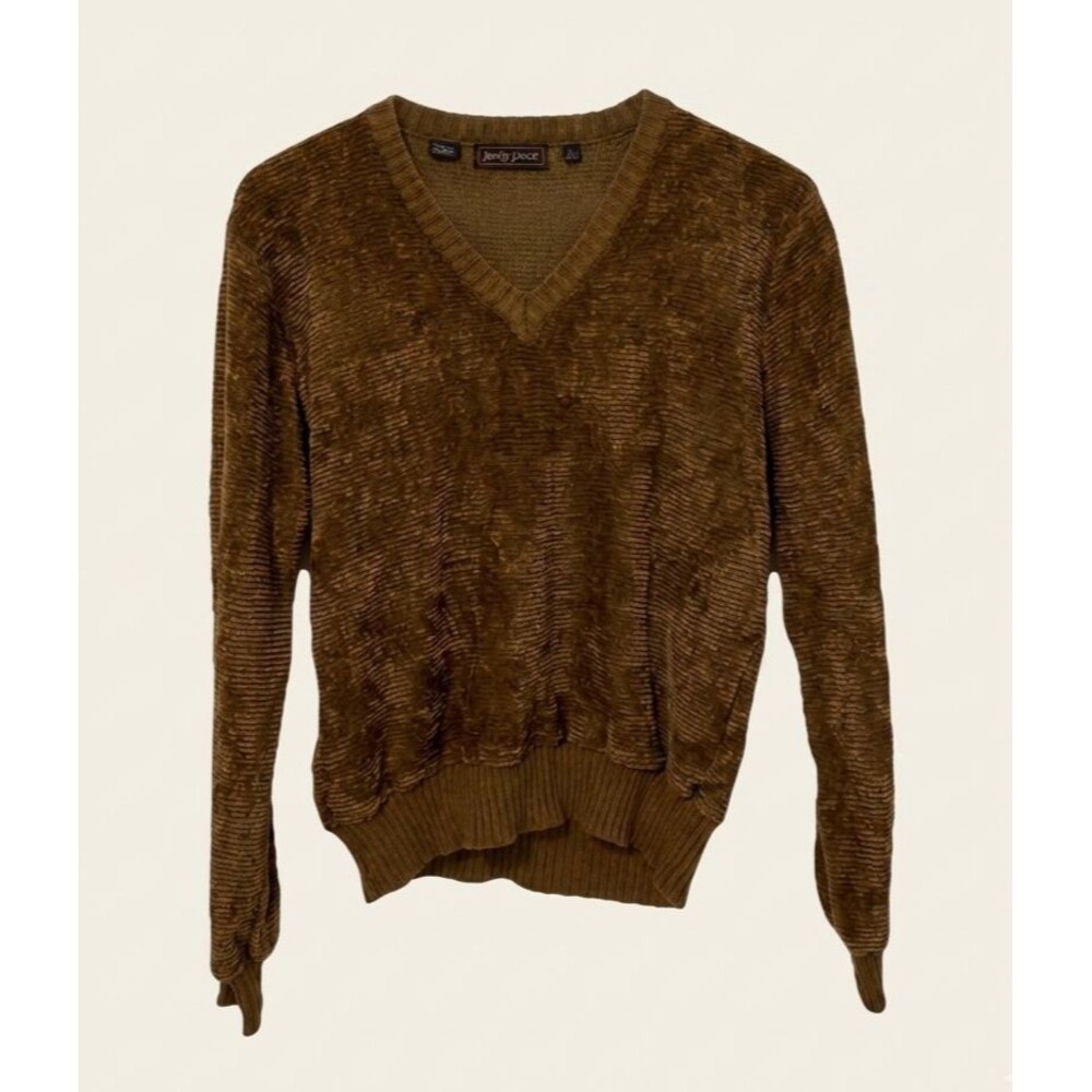 Vintage 70s Shag Knit Sweater Brown V Neck Men’s Large Chenille Style Korea